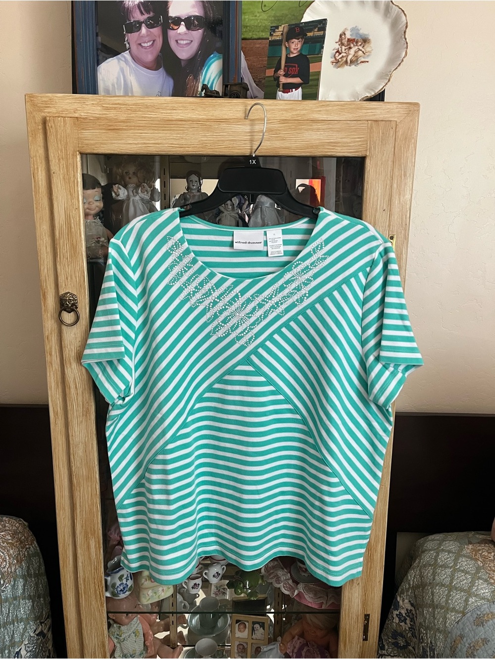 Alfred Dunner Mint and White Diagonal Stripe Short Sleeve Top